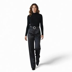 SOCIAL FEATURES Black Satin Wide-Leg Pants - Rhinestone Self Belt - Women Large